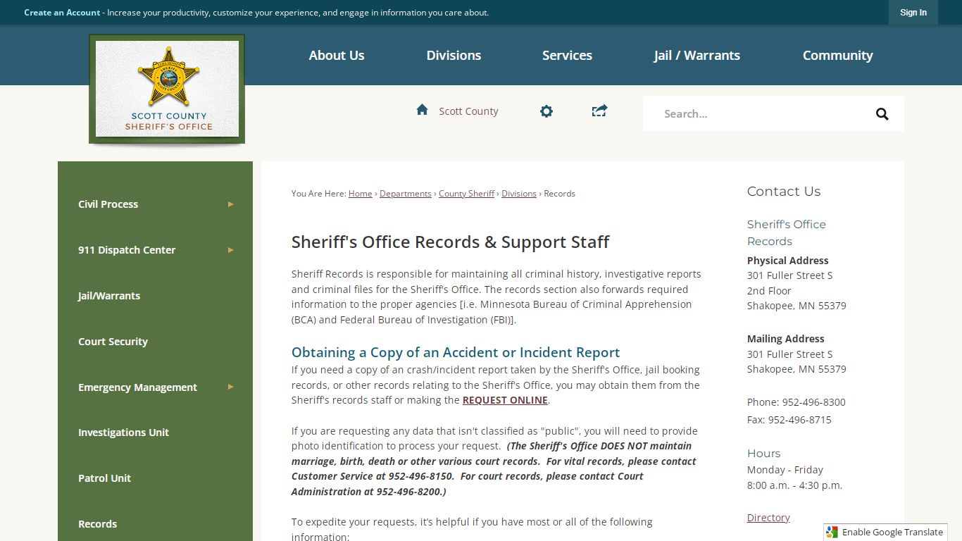 Sheriff's Office Records & Support Staff | Scott County, MN